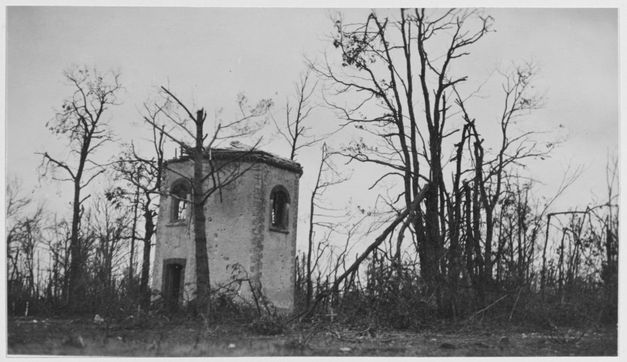 Effects of shell fire on building in forest in Belleau Wood, France. U.S. Marine Corps