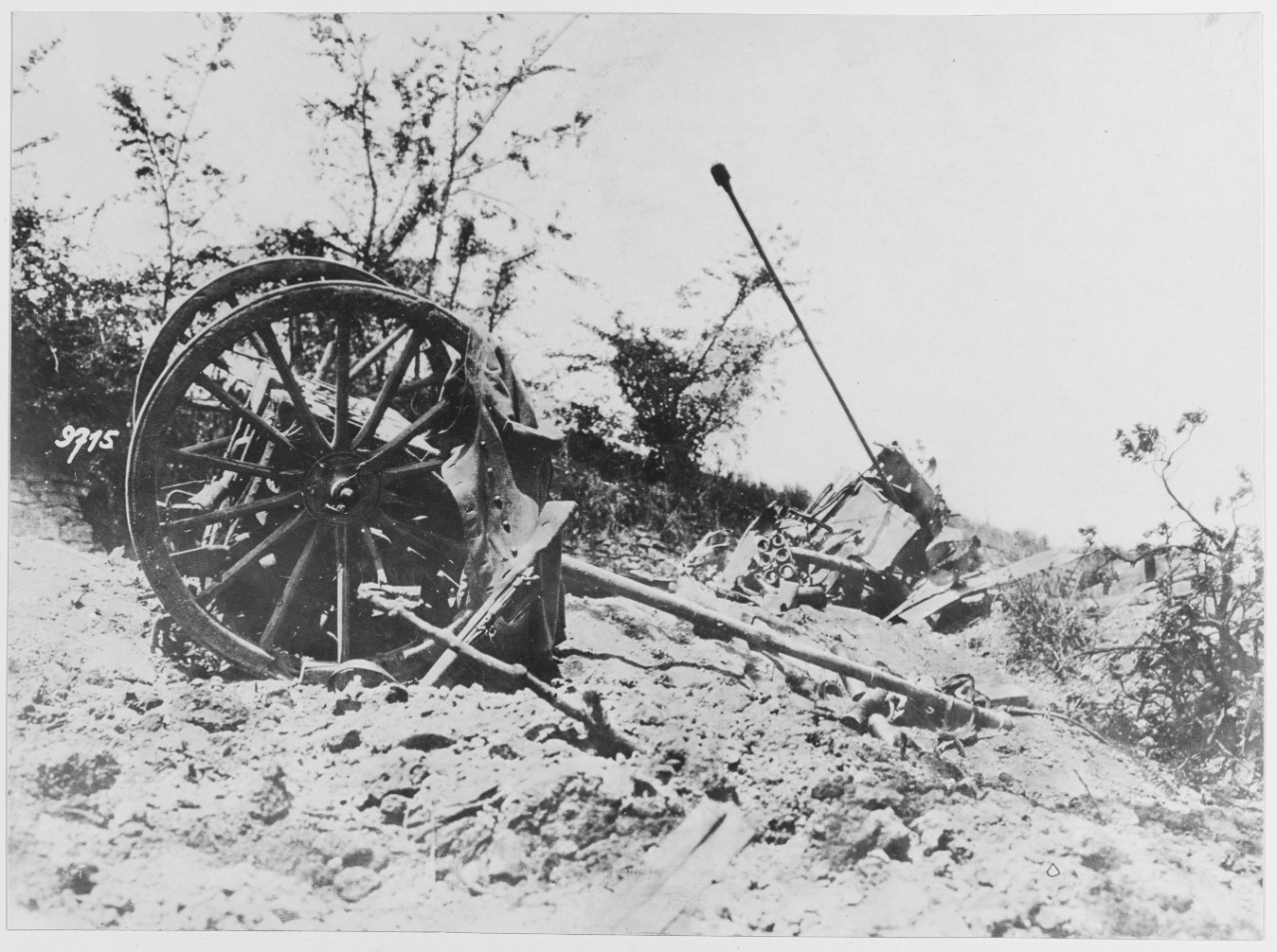 On the German West Front. Artillery wagon (French) destroyed by German gun fire between Soissons and Rheims