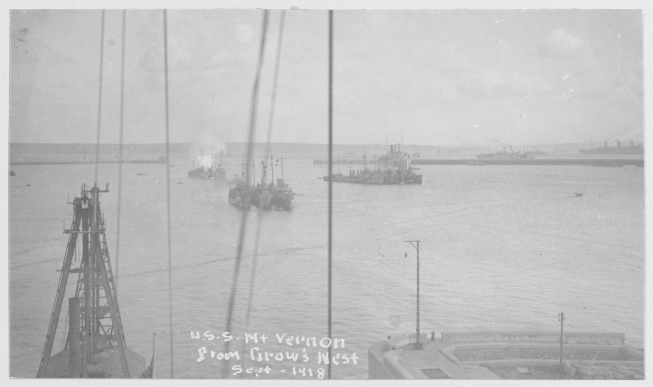 Harbor in Brest, France as seen from the Crow's Nest of USS MT. VERNON. USS LEVIATHAN in outer harbor. September 1918.