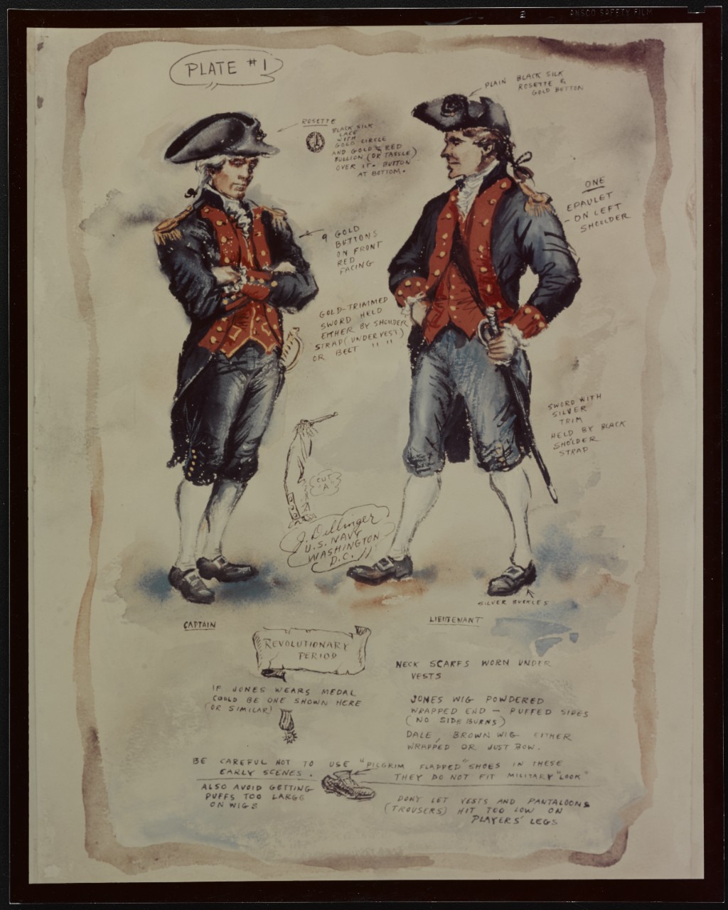 Drawing of Uniforms, Captain and Lieutenant Uniforms from Revolutionary War Period