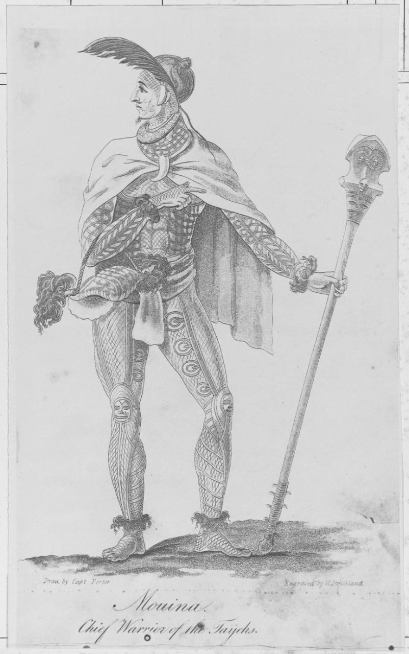 Drawing of native person of Marquesa Islands. Mouina, Chief Warrior of the Tayehs