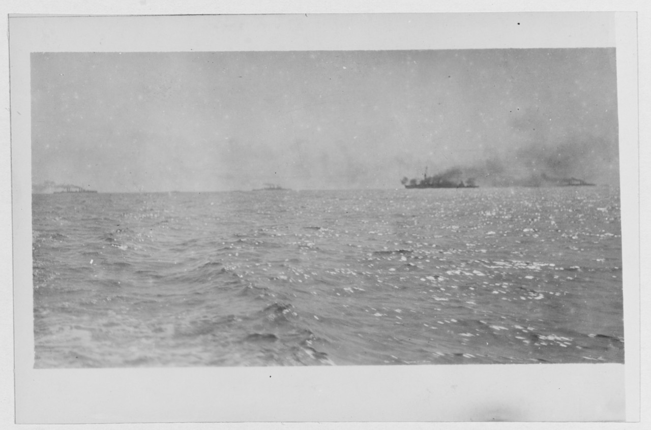 Bombardment of DURAZZO during World War I. British Cruisers firing after Italians had turned off