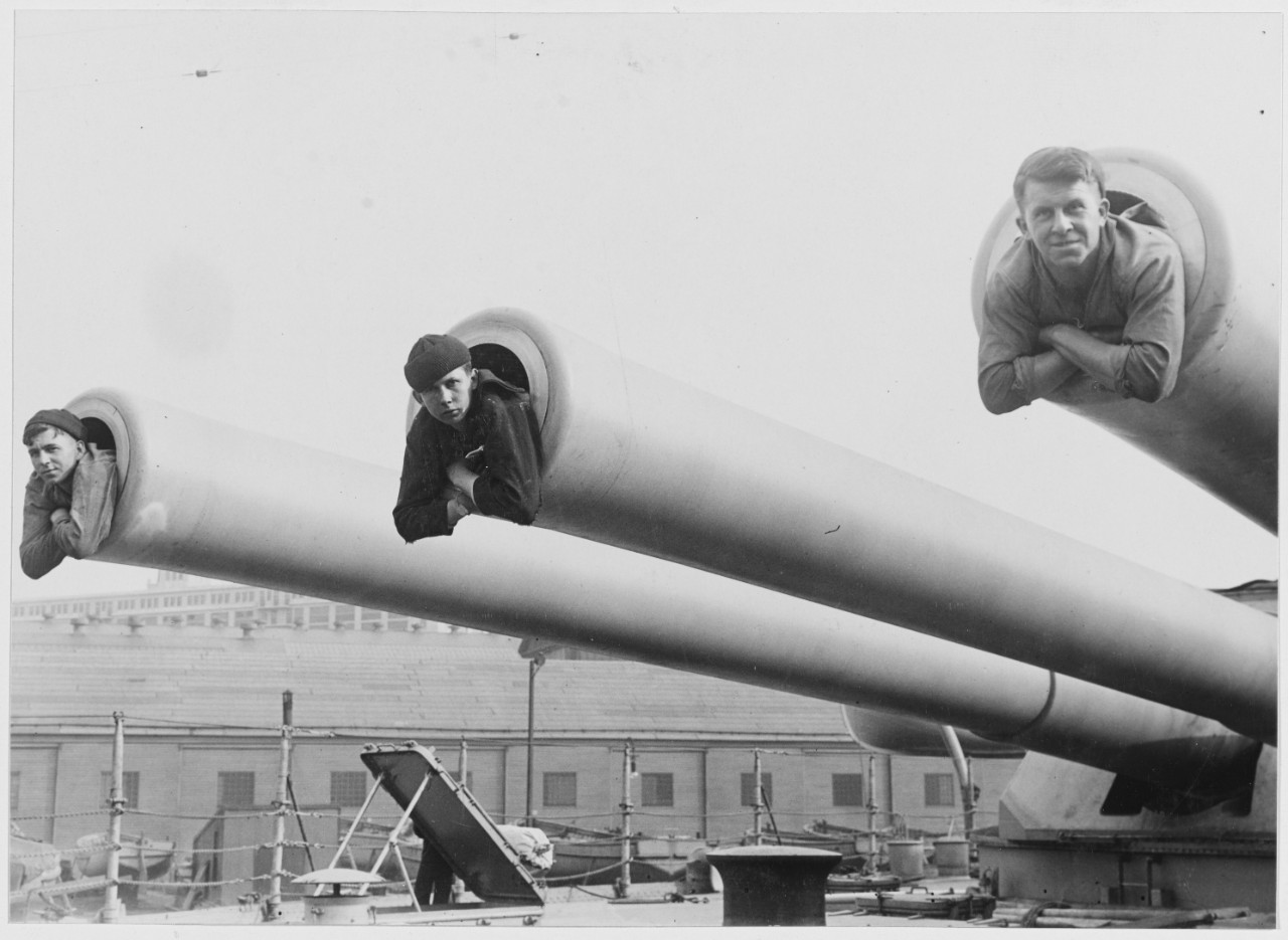 Three Jackies in the big 14 inch guns on the USS IDAHO. April 10, 1919