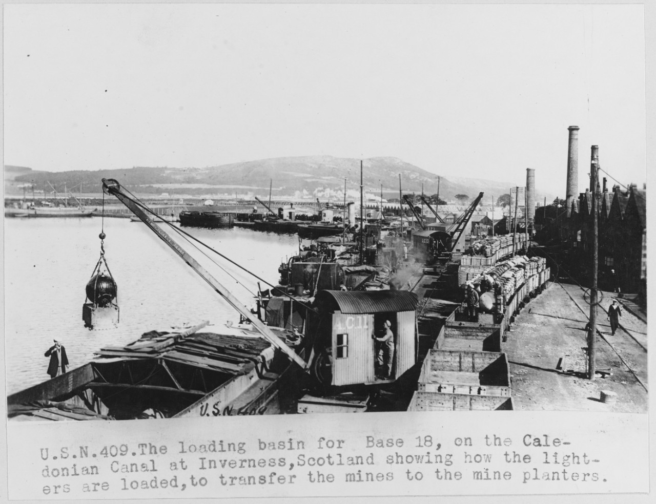 USN 409. The loading basin for Base 18, on the Caledonian Canal at Inverness, Scotland
