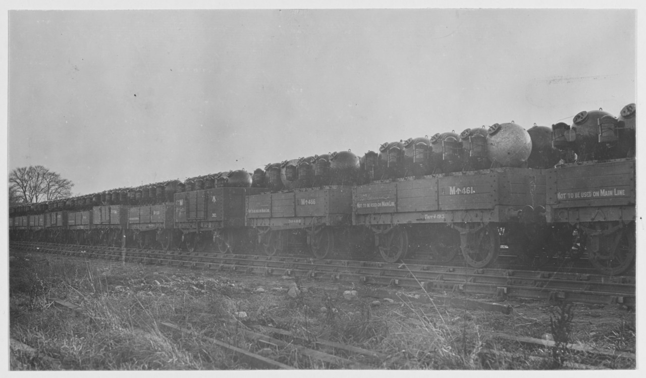 Mines loaded on railroad cars, for Transportation to the quay for the minelayers. Navy Yard Foreign Base 18. Inverness, Scotland