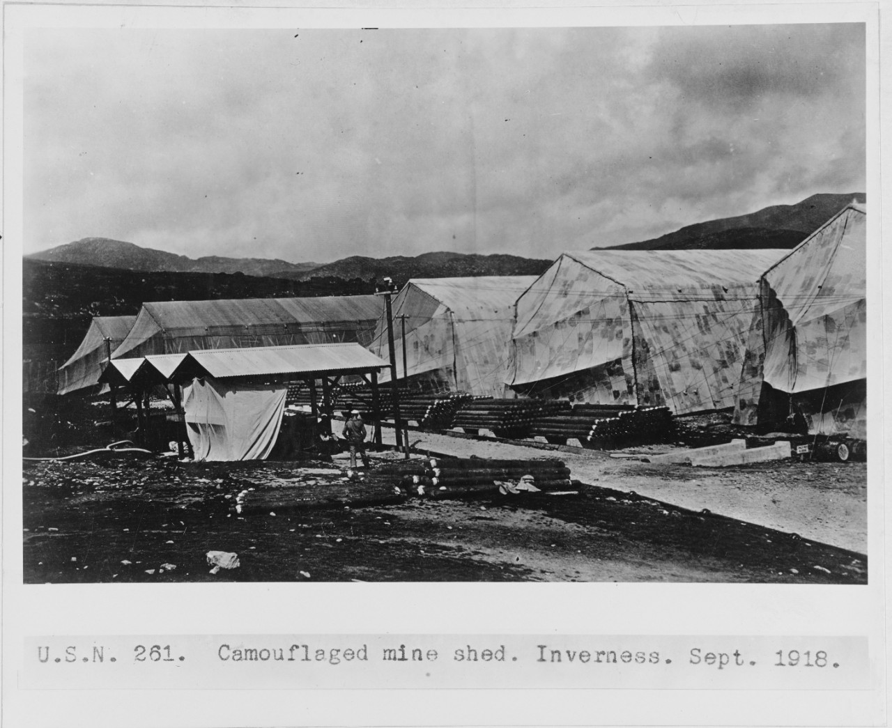 Camouflaged mine sheds. Inverness, Scotland. September 1918. USN 261