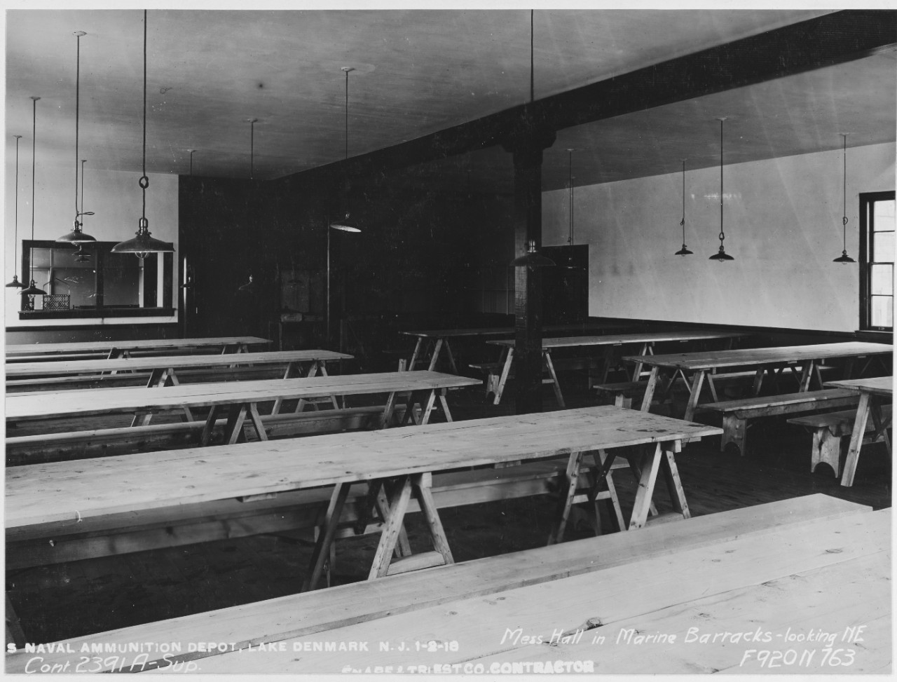 USN Ammunition Depot, Lake Denmark, New York. Mess Hall in Marine Barracks. 1/02/1918