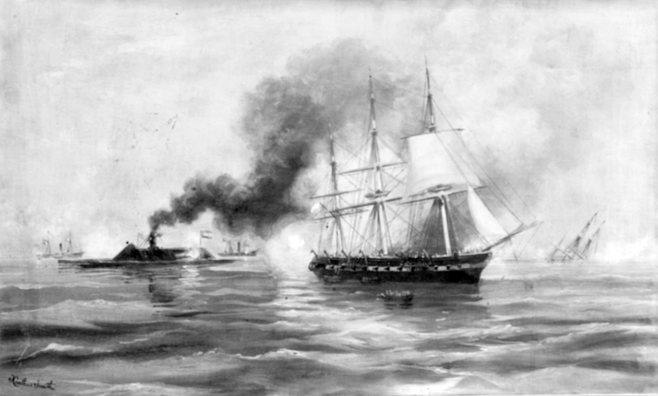 Photo #: NH 42218  CSS Virginia destroying USS Congress, 8 March 1862