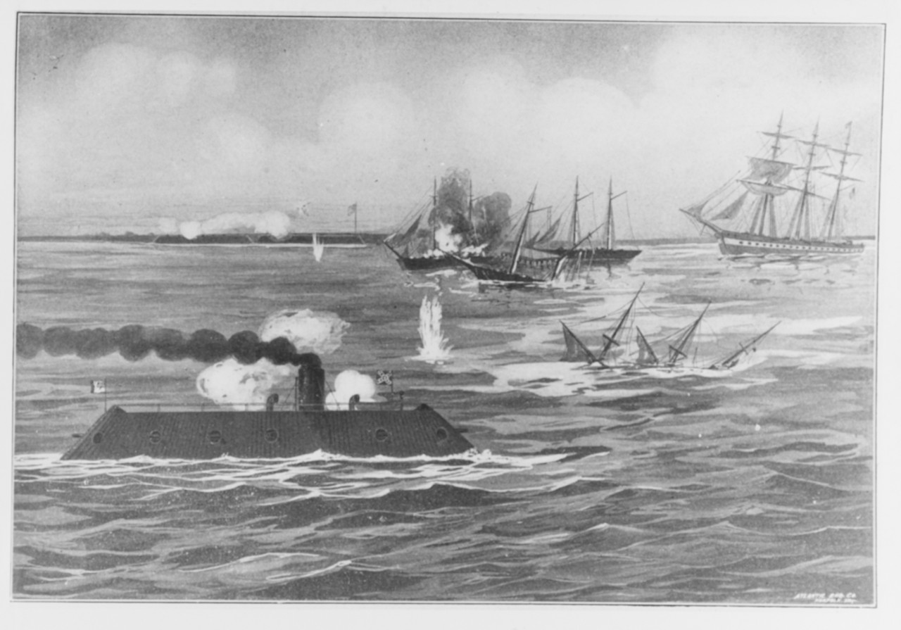 Photo #: NH 42224  &quot;Virginia returning to Hampton Roads from James River to attack Congress. Newport News Batteries Silenced&quot;