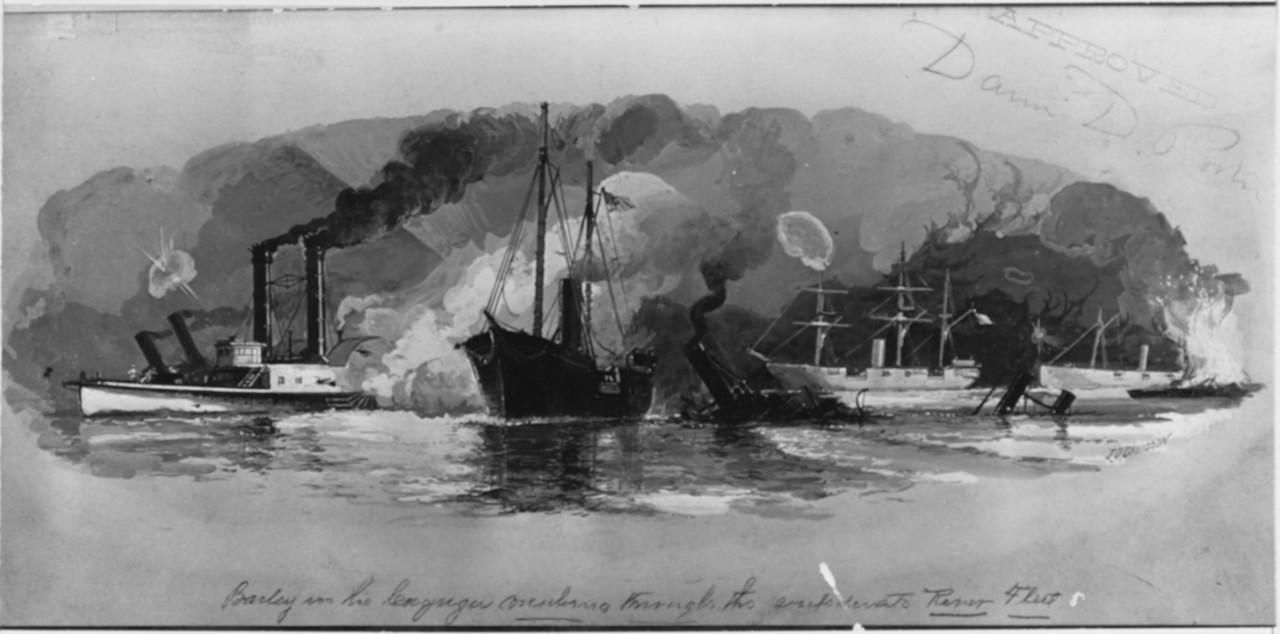 Photo #: NH 42243  &quot;Bailey in the Cayuga conning through the Confederate River Fleet&quot;