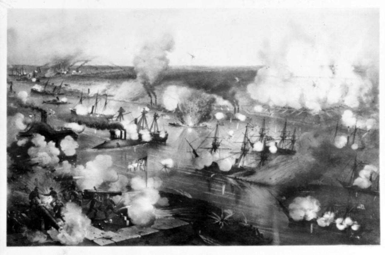 Photo #: NH 42245  Battle of New Orleans -- Farragut Passing Fort Jackson and Fort St. Philip, 24 April 1862