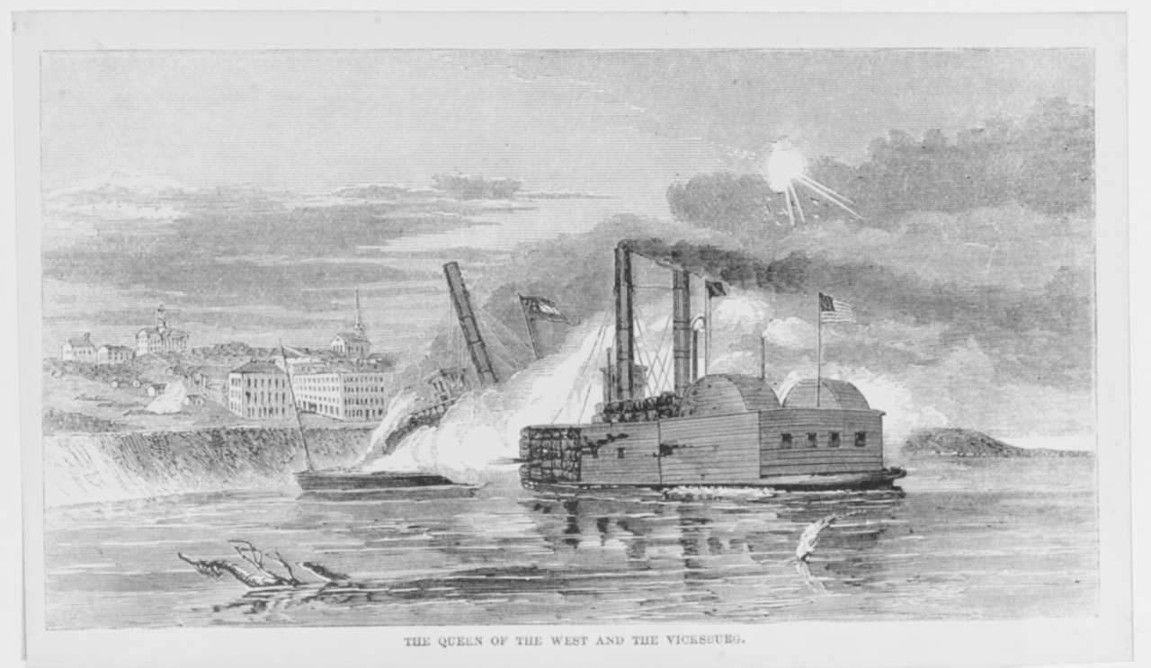 The Queen of the West and the Vicksburg Engraving from Harper's History of the Great Rebellion, 1860-65, page 449, depicting the U.S. Ram Queen of the West attacking the Confederate steamer City of Vicksburg off Vicksburg, Mississippi, on 2 February 1863.
