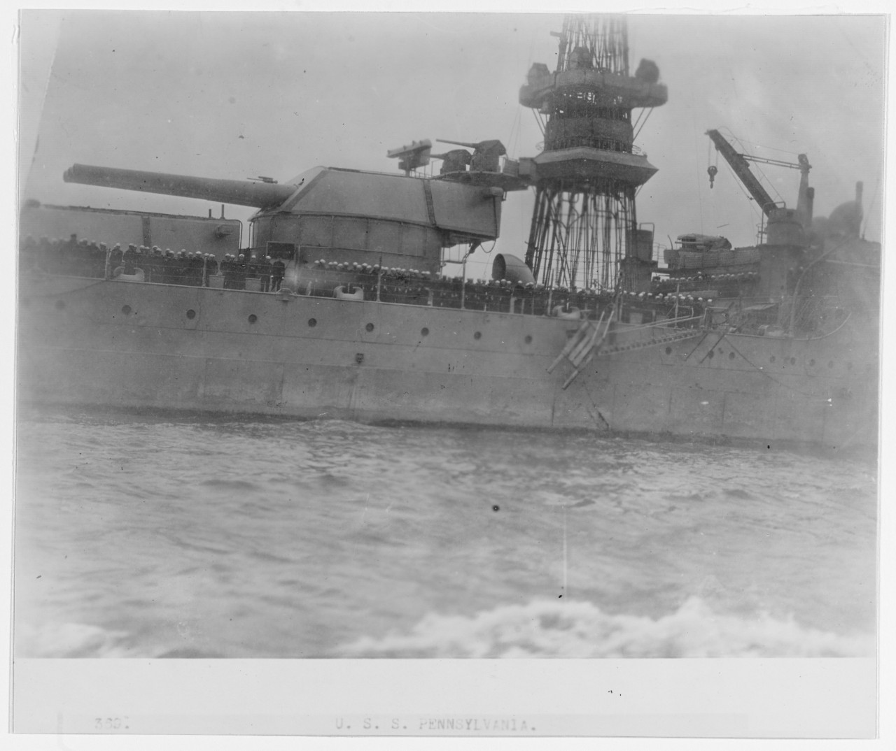 USS PENNSYLVANIA (BB-38), view of her after 14" turrets and mainmast base