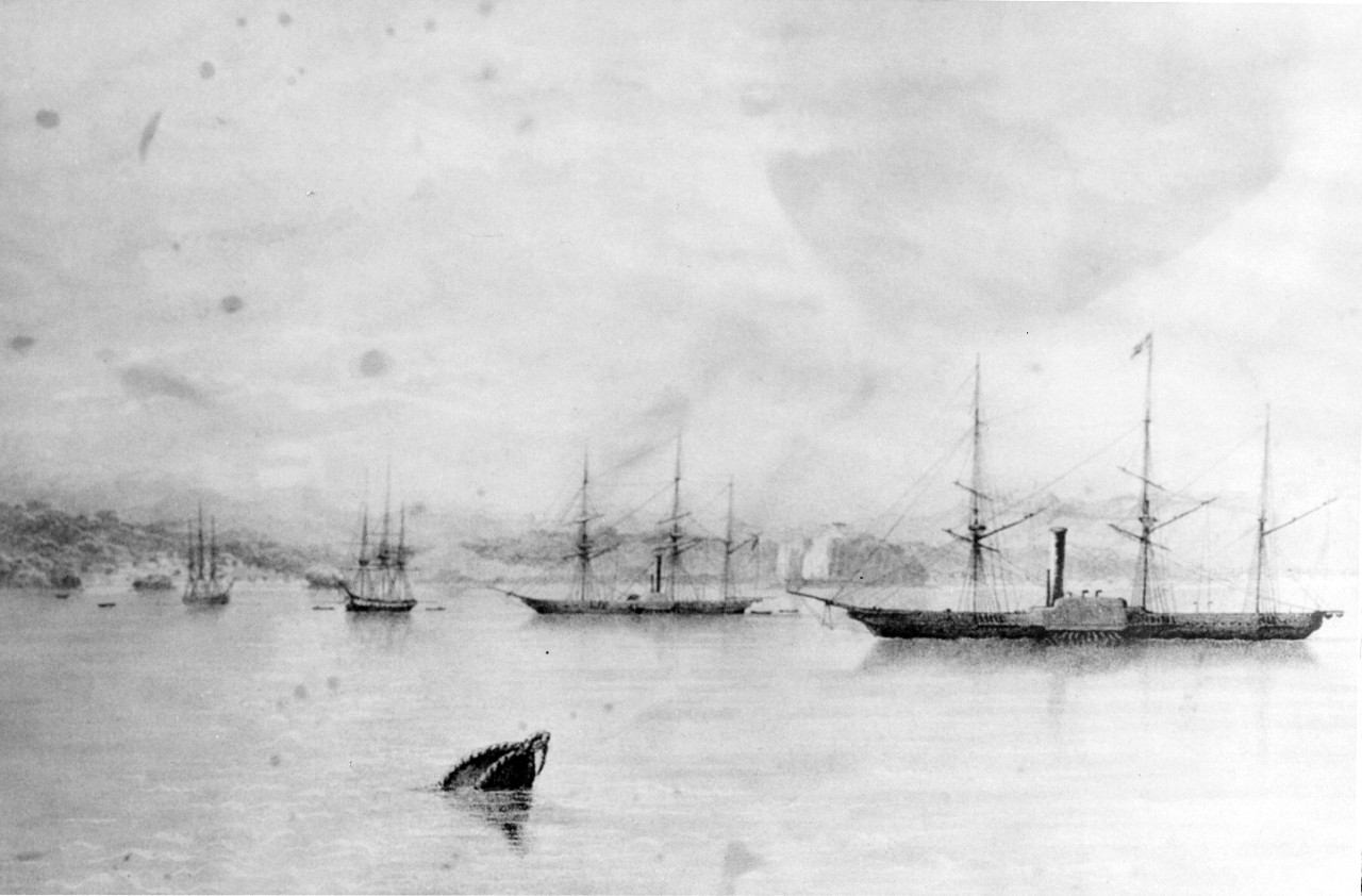 "Napha From the Sea." Lithograph showing steamers USS MISSISSIPPI and either USS POWHATAN or SUSQUEHANNA, circa 1853-1854.  