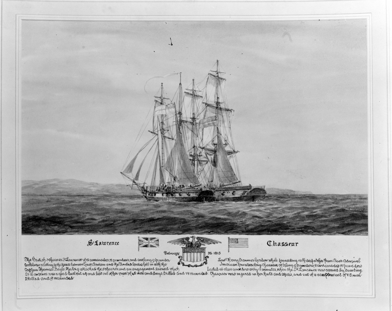 U.S. privateer brig CHASSEUR captures H.M. schooner ST. LAWRENCE, 26 February 1815.