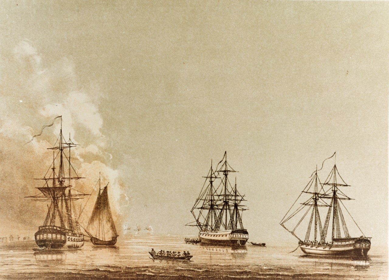 American fireships attack H.M. ships PHOENIX and ROSE, in the Hudson River, 16 August 1776. 