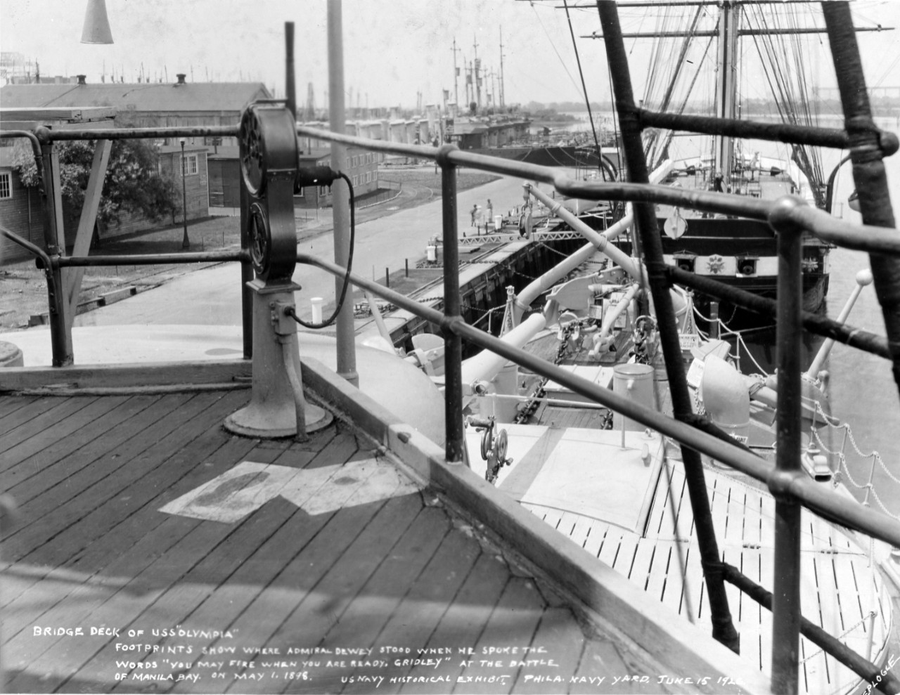 USS OLYMPIA (CL-15), view on the bridge deck, while she was on exhibit at the Philadelphia Navy Yard. 