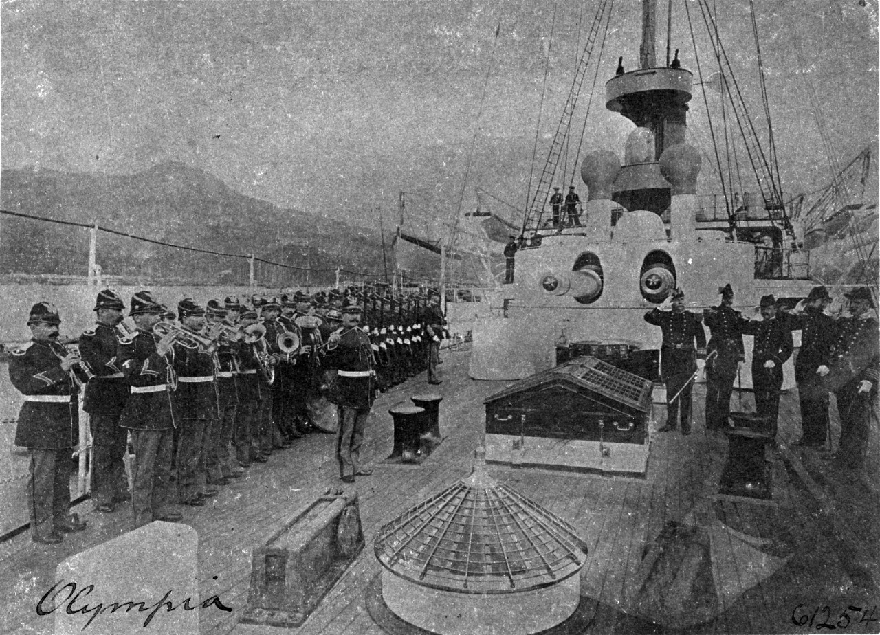 USS OLYMPIA (C-6), Admiral George Dewey comes aboard, 1898. 