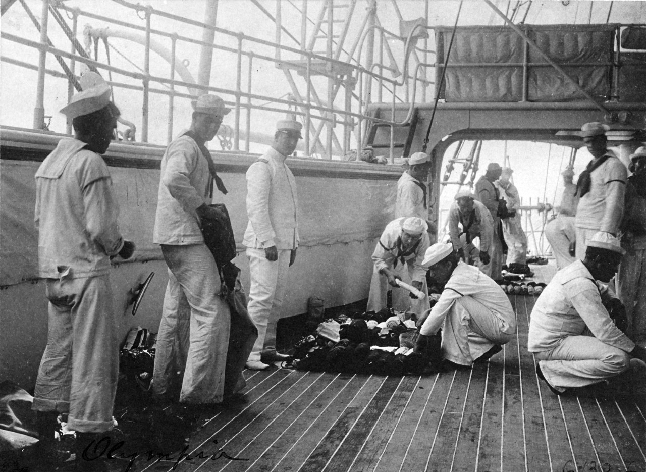 USS OLYMPIA (C-6), "Bag Inspection," 1898.