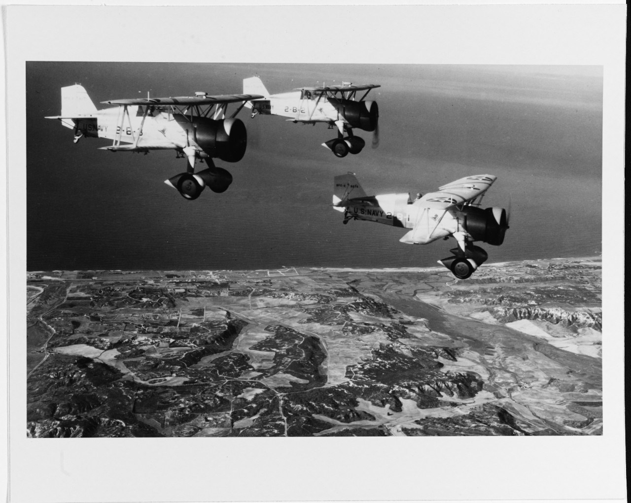 Curtiss BFC-2 Aircraft (Bu# 9274 at right) of VB-2B, in flight during the mid-1930s. 