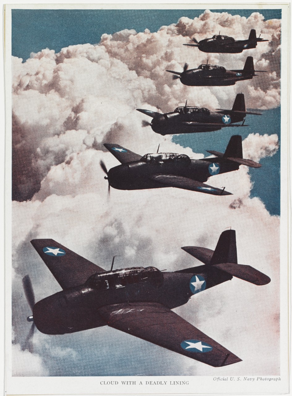 Grumman TBM "Avenger" Torpedo Planes fly in formation, circa 1942-1944. 