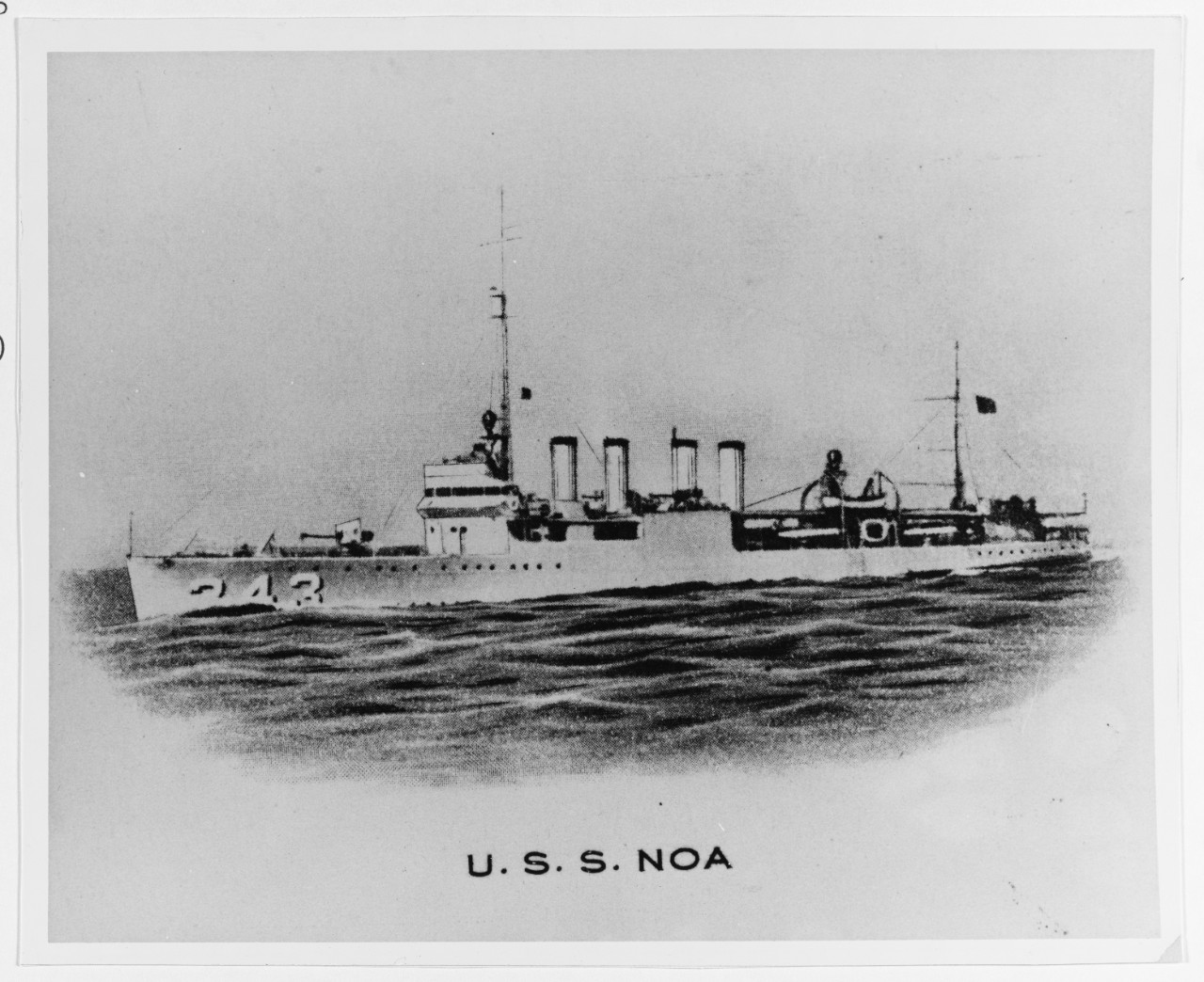 Half toned photograph, with a port side view of Clemson-class destroyer USS Noa (DD-343) underway.