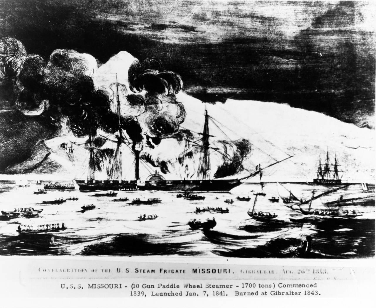 USS MISSOURI (1842-1843) burning at Gibraltar, August 26-27, 1843.  