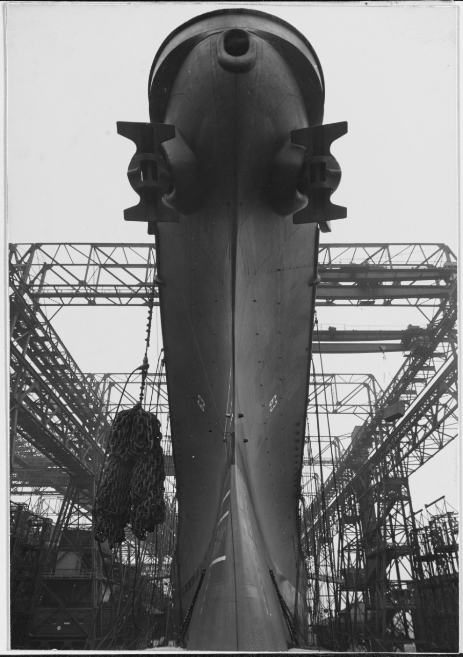USS MISSOURI (BB-63) ready for launching, New York Navy Yard, January 29, 1944. 