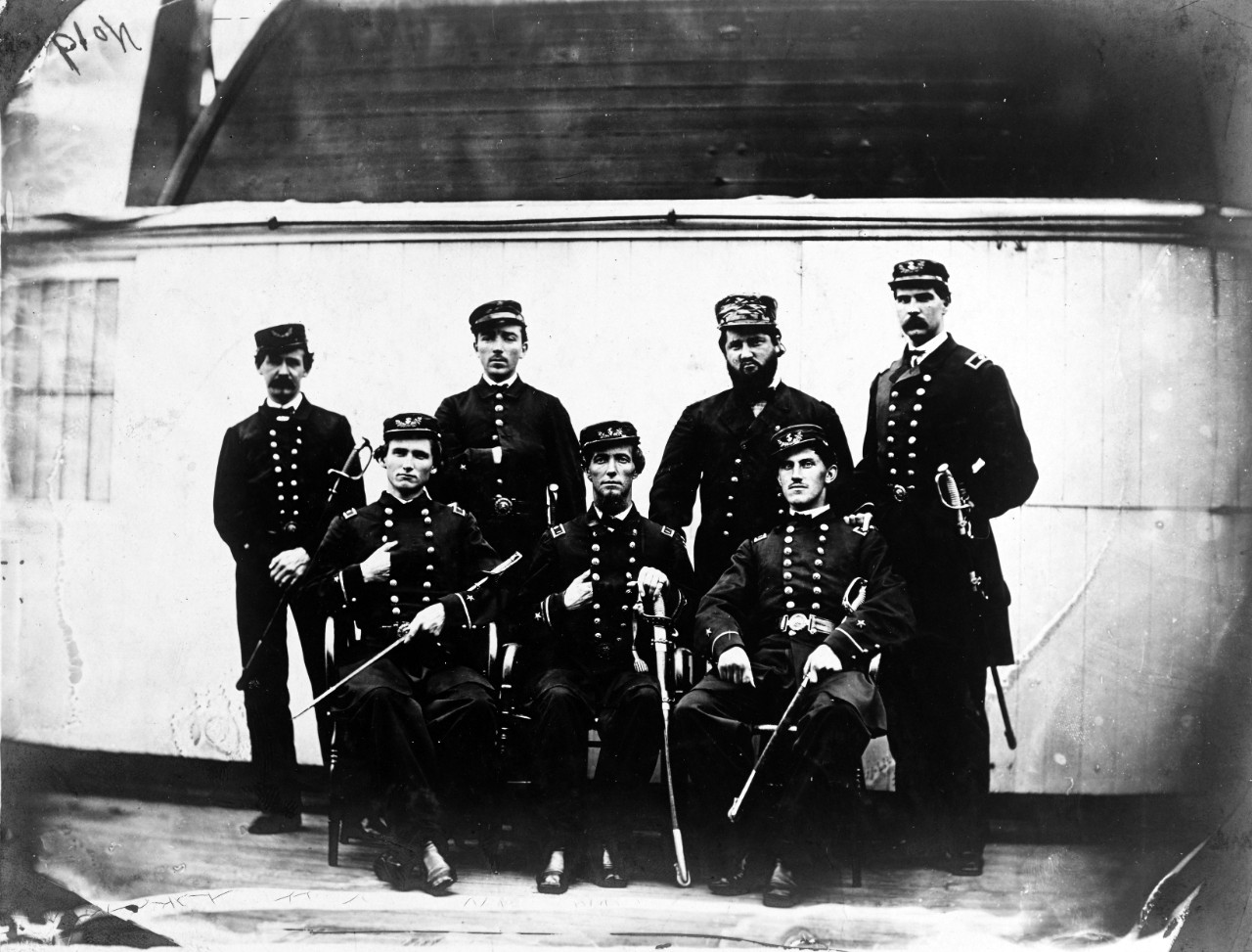 Civil War Naval Officers on board a Side-wheel Steamer. 