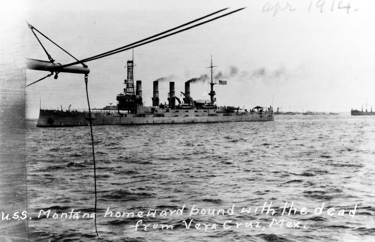 USS Montana (ACR-13), homeward bound with the dead from Vera Cruz, Mexico, April 1914. Courtesy of Chaplain C.H. Dickens, 1926.
