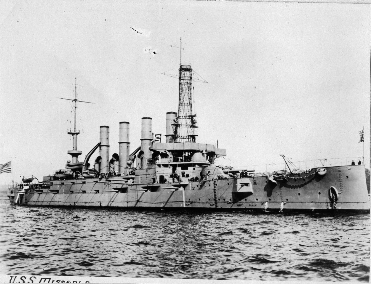 USS Montana (ACR-13) at a naval review, circa 1911-1912. NOTE: THIS IMAGE IS REVERSED.