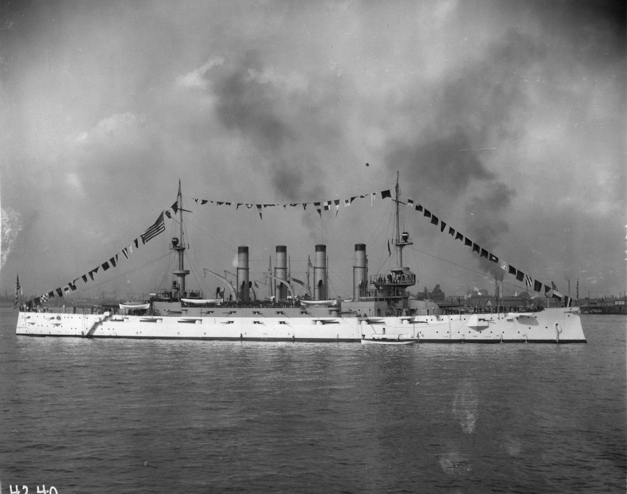 USS Montana (ACR-13) at Philadelphia, Pennsylvania, during Founders' Week, 1908. Courtesy of the official photographer, City of Philadelphia. 