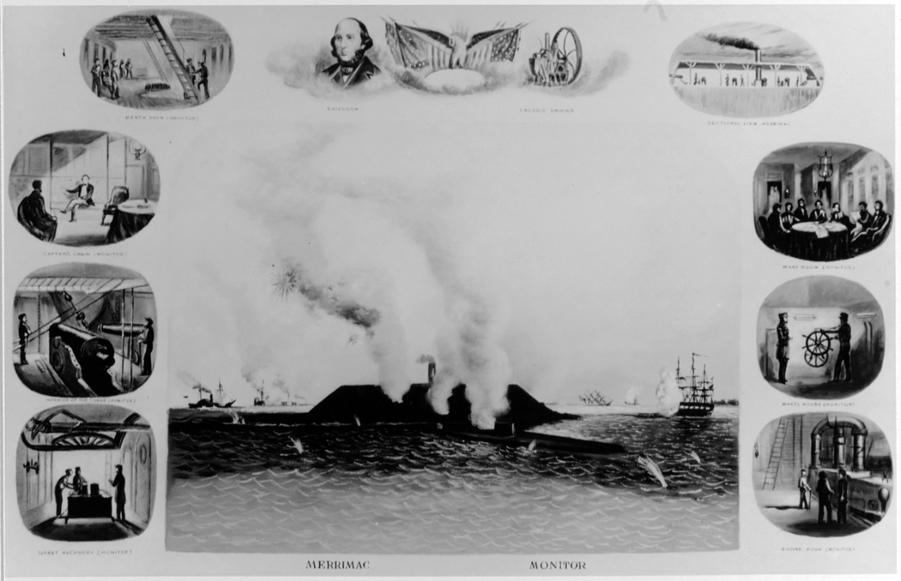 Painting of MONITOR vs. MERRIMACK, with vignettes. March 9, 1862.
