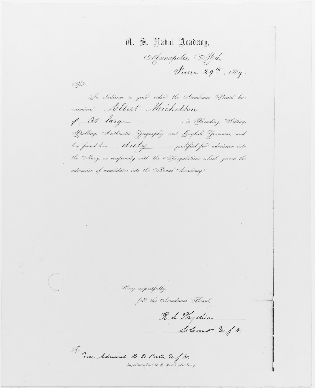 Michelson letter advising him of his qualifying to enter the Naval Academy