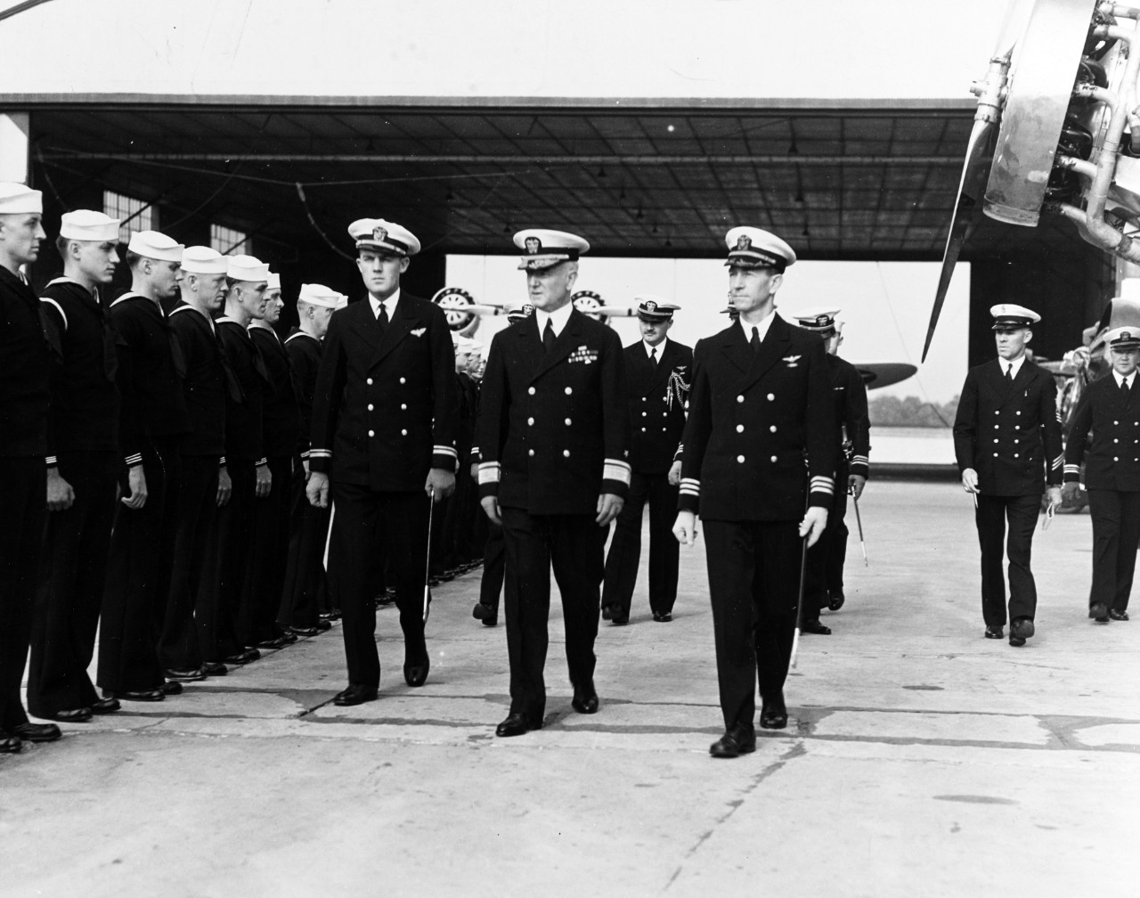 RADM William A. Moffett, cira 1933, during an inspection tour of the Anacostia Naval Air Station. L to R: LT Frank D. Owers; RADM Moffett; and CDR Warren G. Child, Commanding Officer NAS Anacostia. 
