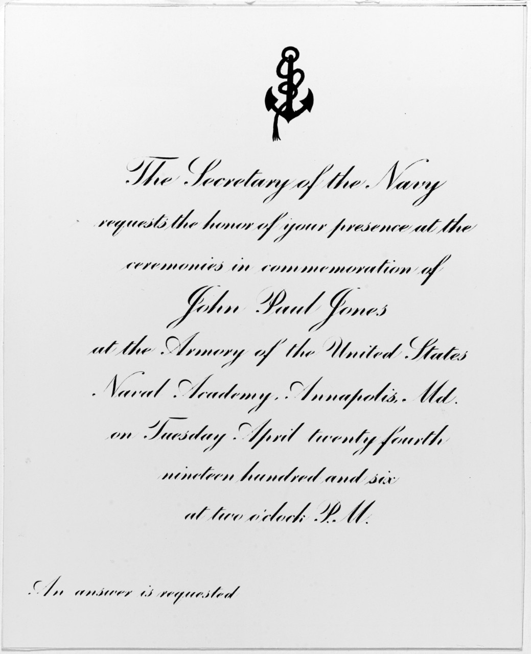 An invitation to the John Paul Jones ceremonies of 1906