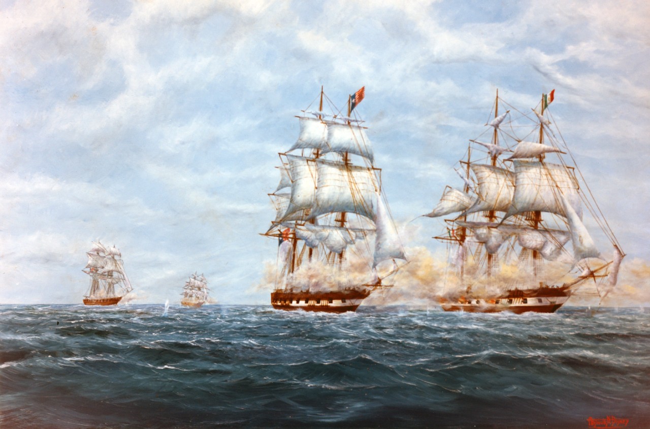Sloop of War Austin, flagship of the Texas Navy, with the brig Wharton, in action off the Yucatan coast. Artist: Arthur Disney, Sr.