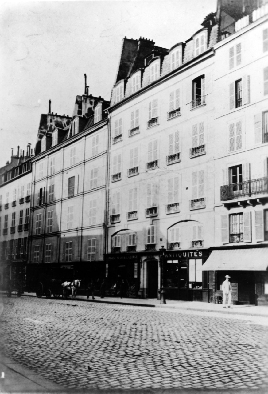 The apartment where John Paul Jones died is marked with an X. Third floor front of No. 42 (now No. 19) Rue de Tournon, Paris. Photo taken 1905 during repatriation of Jones. Hal T. Morrison Collection, Courtesy of US Naval Academy Museum.