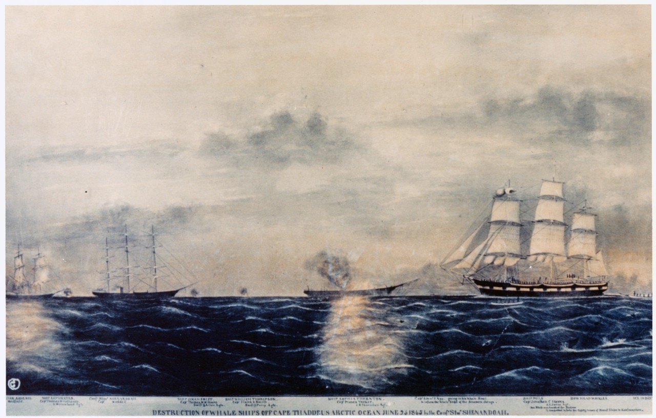 Photo #: NH 50454-KN &quot;Destruction of Whale Ships off Cape Thaddeus Arctic Ocean June 23 1865 by the Conft Stmr Shenandoah&quot;