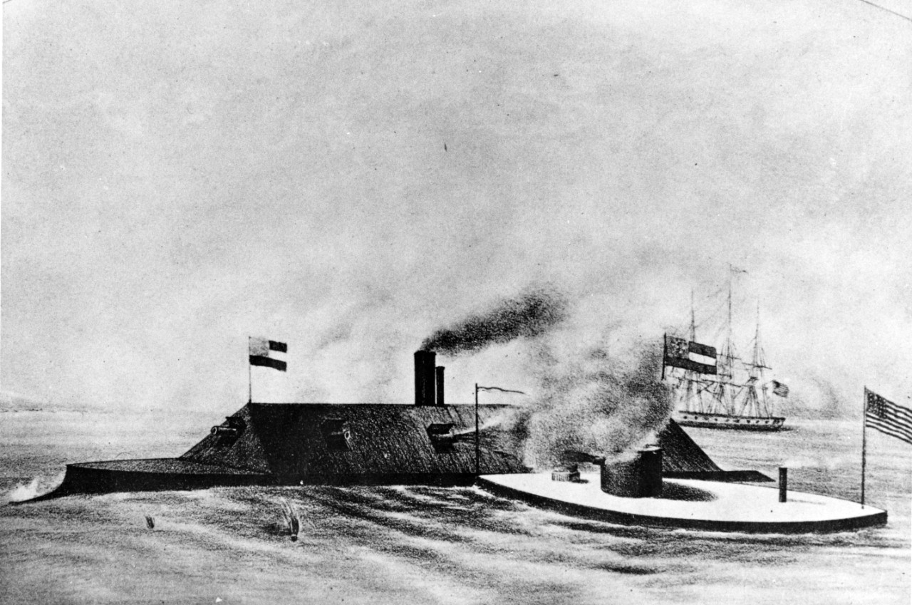 Photo #: NH 51793  USS Monitor in action with CSS Virginia, 9 March 1862