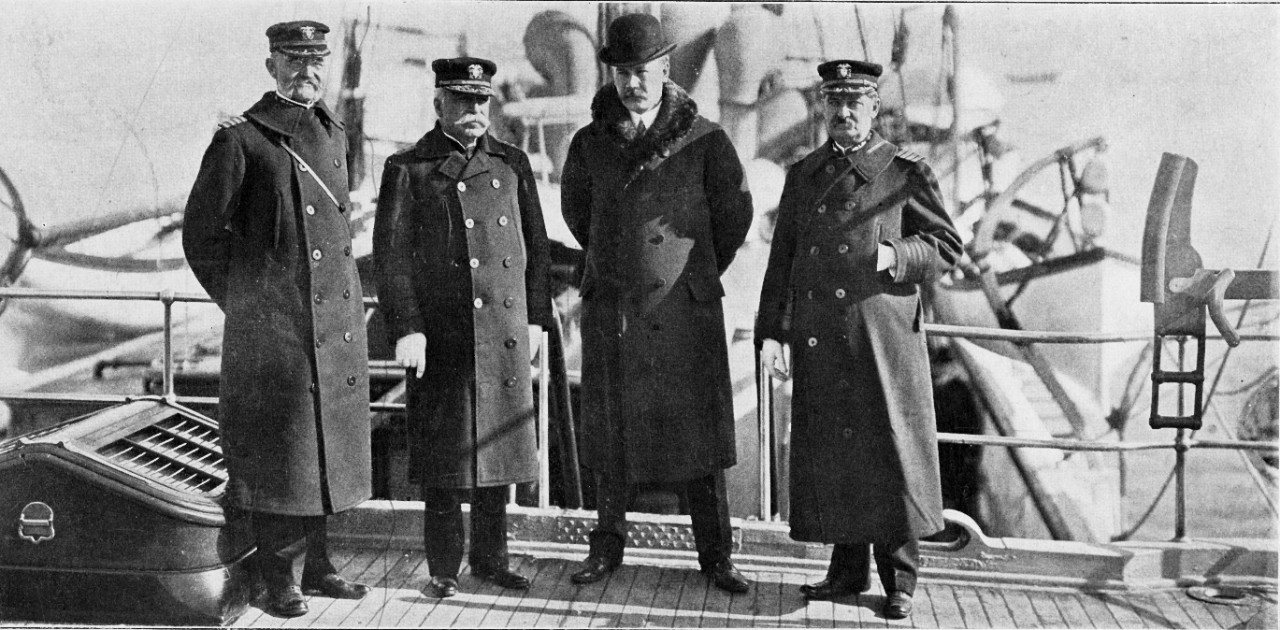 Captain William Swift, Admiral George Dewey, Secretary of Navy Paul Morton, and Captain John E. Pillsbury
