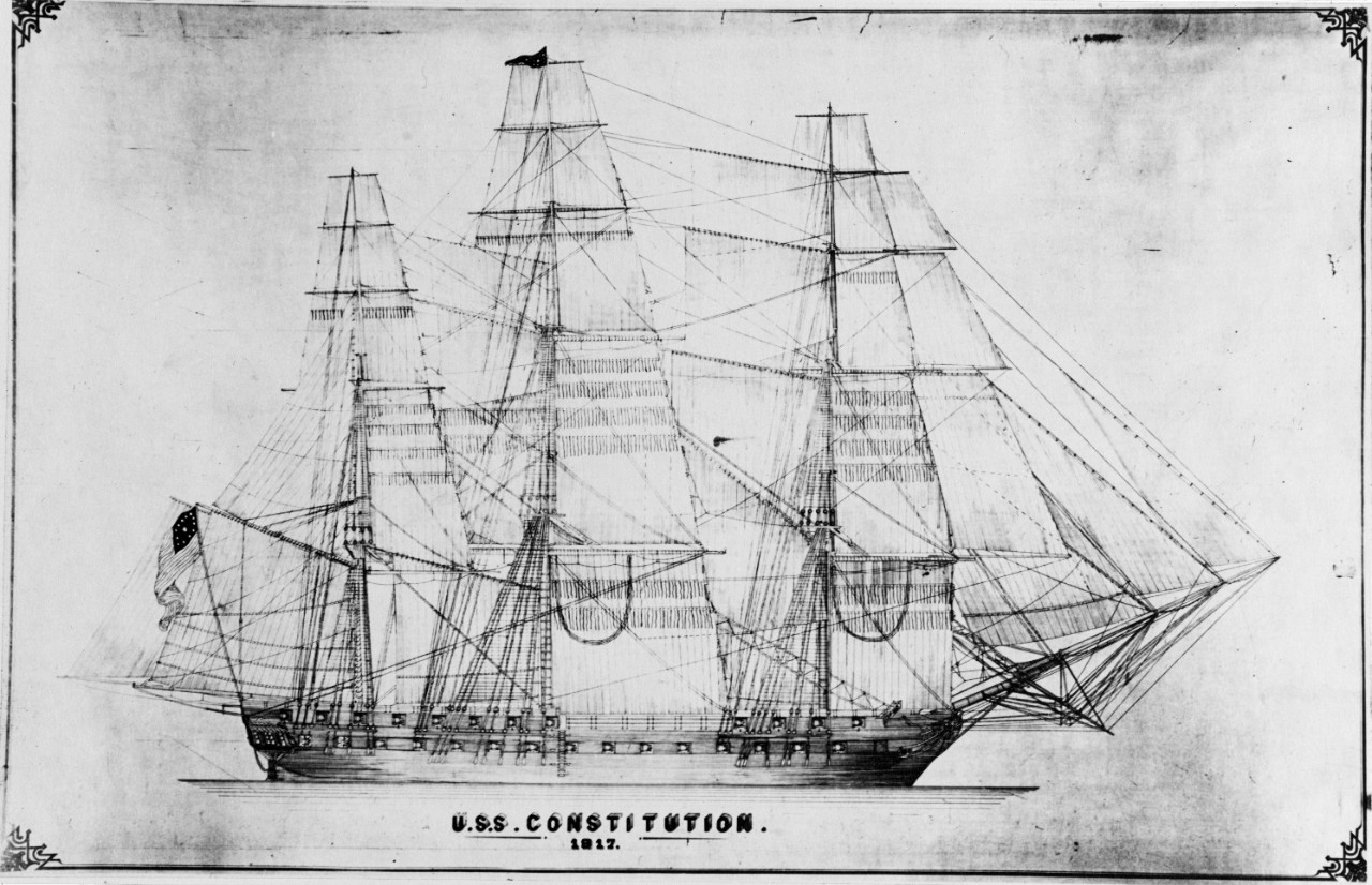 USS Constitution sail plan, dated 1817. Presented to RADM Chester W. Nimitz to the Naval Historical Foundation in April 1940. 