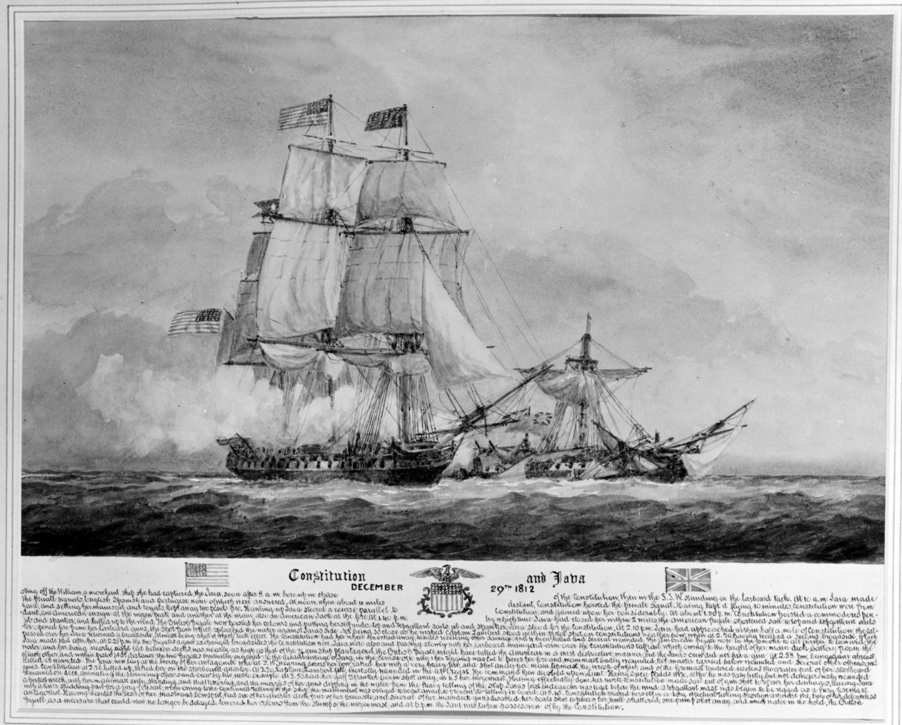 Photo #: NH 55412  U.S. Frigate Constitution engaging HMS Java, off the coast of Brazil, 29 December 1812