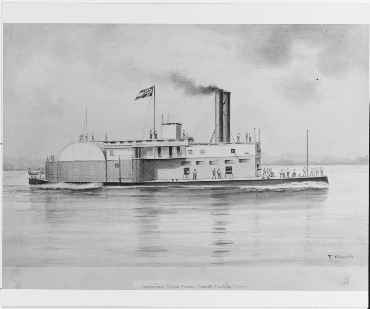Photo #: NH 55834 One of the Ellet Rams (under false colors!) Sepia wash drawing by F. Muller, circa 1900. This painting, based on Photo # NH 53868, suffers from that photograph's original incorrect identification. Intended by the artist to depict the Confederate ram steamer General Sterling Price, and featuring the Confederate flag, it instead represents one of the U.S. ram steamers of the Ellet fleet. Only one of the Ellet Rams, Queen of the West, saw Confederate service, and she did not look like the ship depicted here.