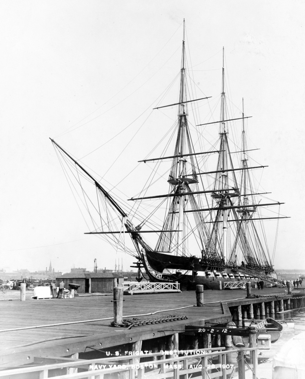 USS Constitution, dockside at the Boston Navy Yard, 28 August 1907.