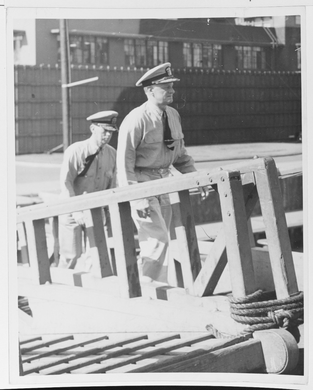 Fleet Admiral Chester W. Nimitz, USN, CinCPac-POA, comes on board USS WISCONSIN (BB-64).