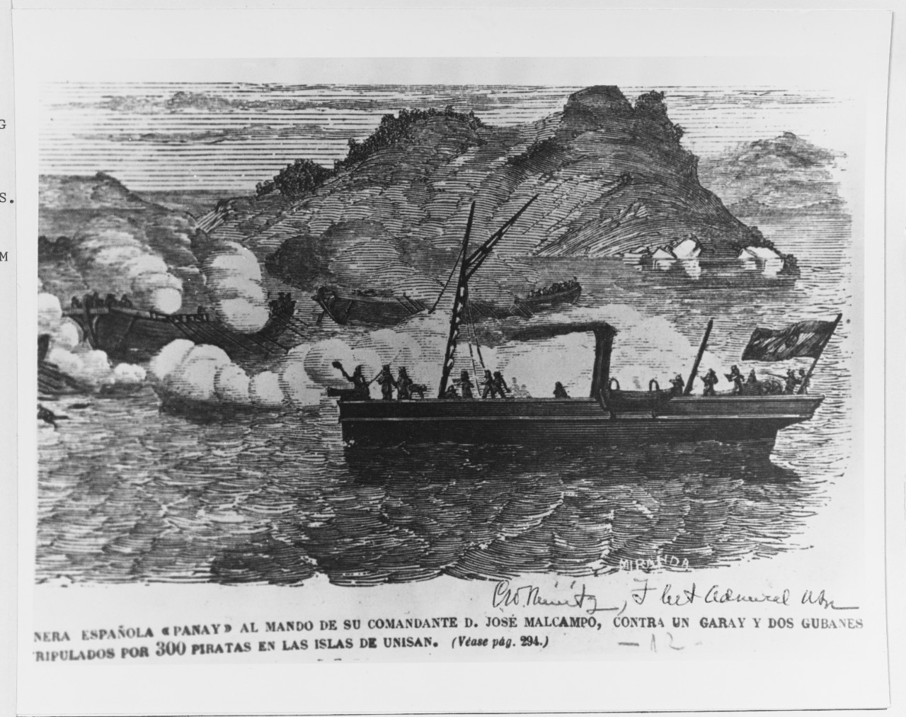 Spanish gunboat PANAY engaging pirates (circa 1890s) in Unisan Islets.