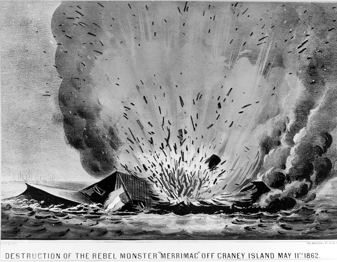Photo #: NH 58723  &quot;Destruction of the Rebel Monster 'Merrimac' off Craney Island May 11th 1862&quot;