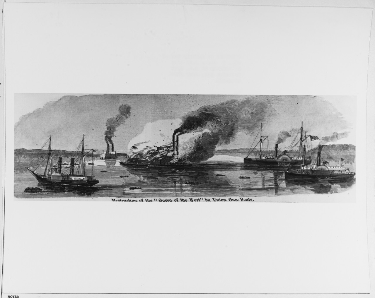 NH 58759 Destruction of the 'Queen of the West' by Union Gun-Boats Line engraving published in Harper's Weekly, 1863, depicting CSS Queen of the West being destroyed in Grand Lake, Louisiana, during an attack by USS Estrella (extreme left), Calhoun (extreme right) and Arizona (second from right), 14 April 1863.