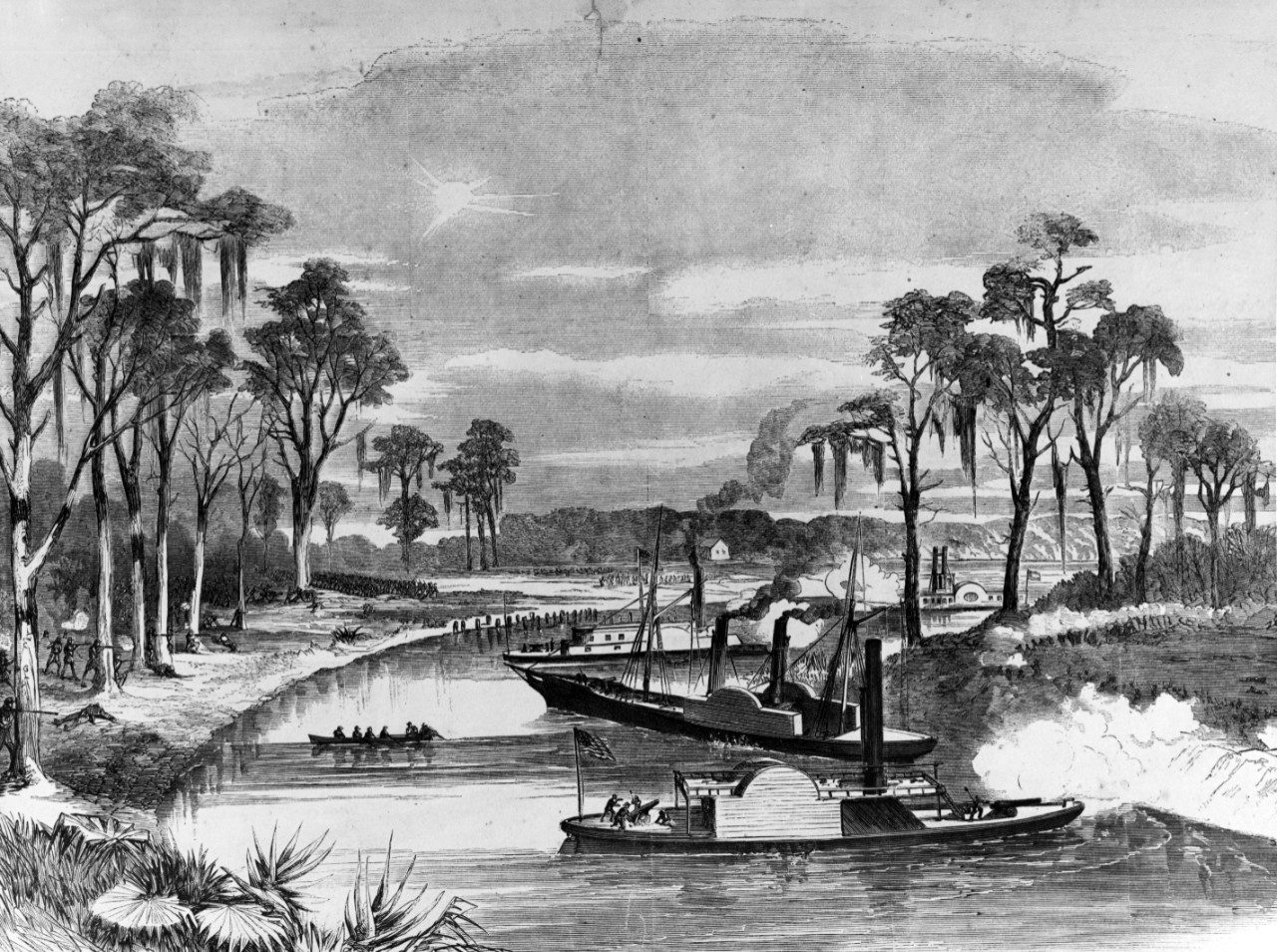 Photo #: NH 58767  &quot;The Fight at Corney's Bridge, Bayou Teche, Louisiana, and Destruction of the Rebel Gun-boat 'Cotton,', January 14, 1863.&quot;